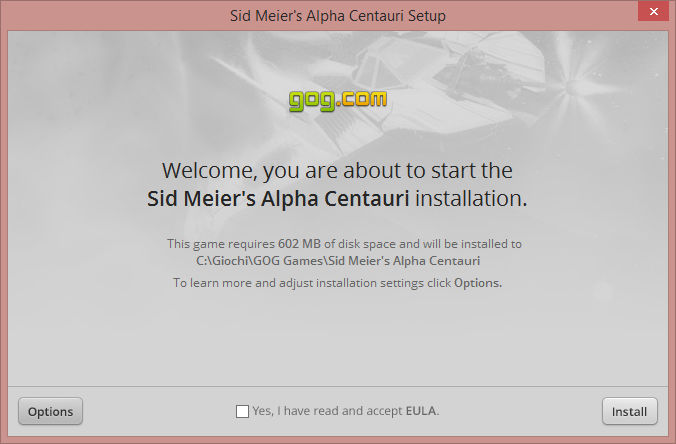 Benvenuto, stai per iniziare l'installazione di Sid Meier's Alpha Centauri