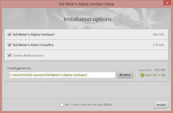 Opzioni di installazione di Sid Meier's Alpha Centauri