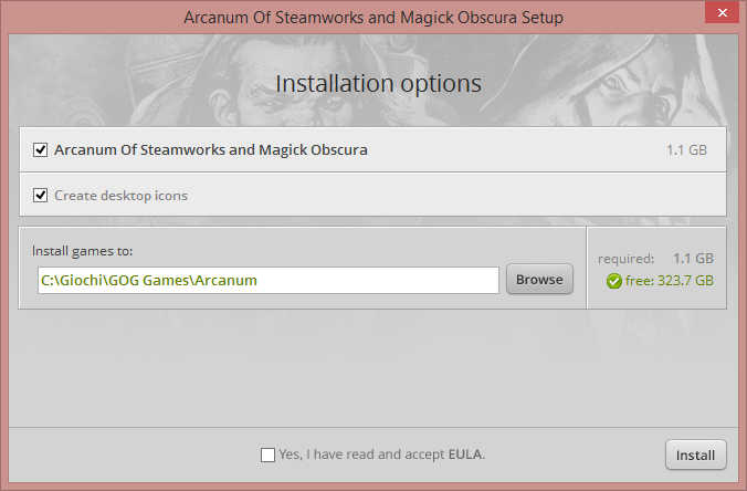 Opzioni di installazione di Arcanum Of Steamworks and Magick Obscura