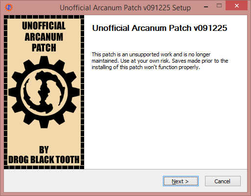 Benvenuto, stai per iniziare l'installazione di Unofficial Arcanum Patch v091225!