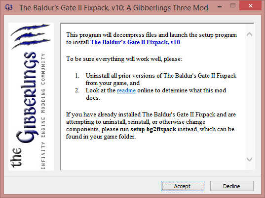 Benvenuti all'installazione di Baldur's Gate II Fixpack v10