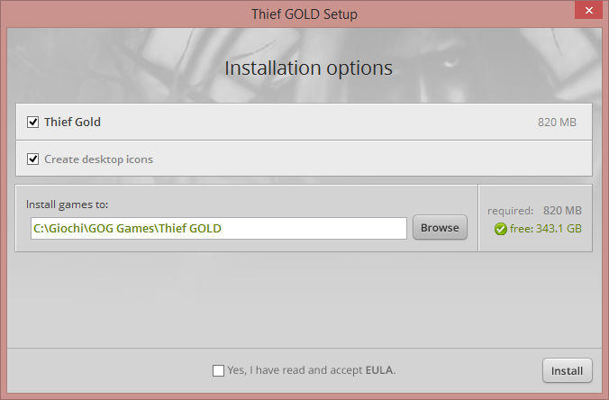 Opzioni di installazione di Thief Gold