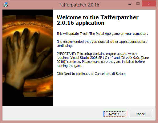 Benvenuto, stai per iniziare l'installazione di TafferPatcher per Thief II