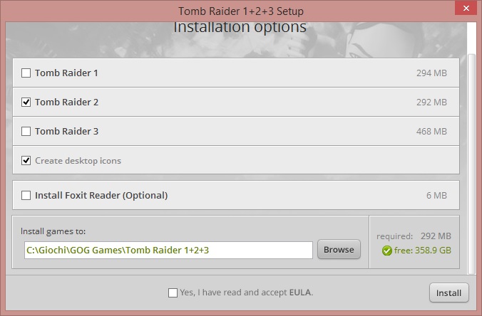 Opzioni di installazione di Tomb Raider 2